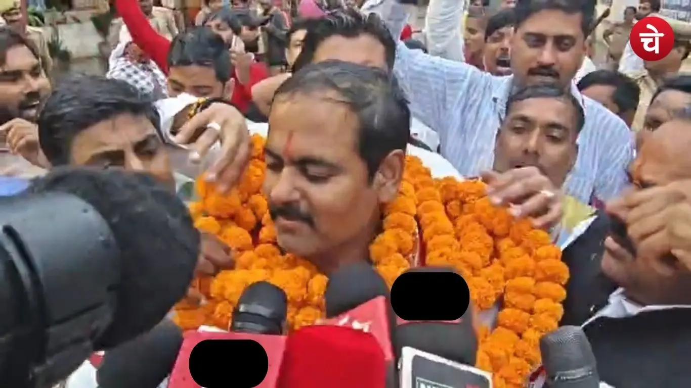 Ashutosh Sinha received a grand welcome from his supporters following his victory for the Varanasi MLC seat